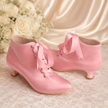 Load image into Gallery viewer, Satin Bridal Booties, Lace Up Luxury Wedding Ankle Boots, Handmade Block Heel Shoes
