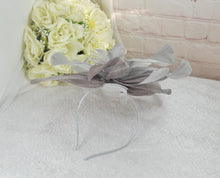 Load image into Gallery viewer, Silver Satin Bridal Set: Heels, Clutch Bag &amp; Fascinator
