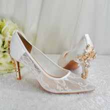 Load image into Gallery viewer, Handmade White Lace Wedding Shoes with Cherry Blossom Heel | Pointed Toe Bridal Heels
