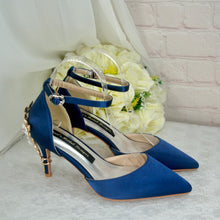 Load image into Gallery viewer, Handmade Navy Satin Bridal Shoes: Cherry Blossom Heel (UK6/US8.5)
