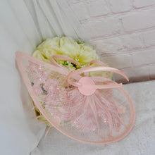 Load image into Gallery viewer, Pink Satin Bridal Set: Embroidered Heels, Clutch, Fascinator
