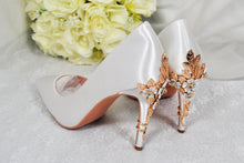 Load image into Gallery viewer, Ivory Satin Bridal Heels: Gold Cherry Blossom Wedding Shoes UK4/US6.5
