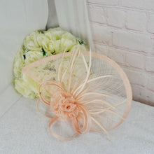 Load image into Gallery viewer, Champagne Satin Bridal Set: Handmade Clutch Bag &amp; Fascinator Hat
