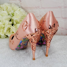 Load image into Gallery viewer, Blush Pink Satin Bridal Shoes with Rose Gold Filigree Vines
