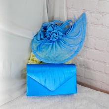 Load image into Gallery viewer, Blue Satin Clutch Bag &amp; Fascinator Set: Wedding Guest Hatinator
