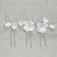 Load image into Gallery viewer, Handmade Gold or Silver Ceramic Flower Hair Pins with Pearls (Set of 3)
