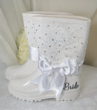 Load image into Gallery viewer, Personalised Bride Wedding Wellies – Crystal Lace Bridal Rain Boots
