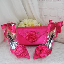 Load image into Gallery viewer, Hot Pink Satin Bridal Set: Heels, Clutch, Fascinator
