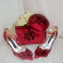 Load image into Gallery viewer, Burgundy Fascinator Hat, Clutch &amp; Heels Set: Handmade Satin Bridal Wedding
