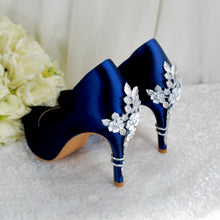 Load image into Gallery viewer, Navy Satin Heels: Silver Floral Cherry Blossom Embellishment

