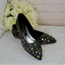 Load image into Gallery viewer, Black Celestial Bridal Flats – Hand-Painted Pointed Wedding Shoes
