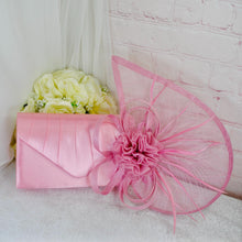 Load image into Gallery viewer, Pink Satin Bridal Set: Heels, Clutch, Fascinator - Handmade Wedding Guest Outfit
