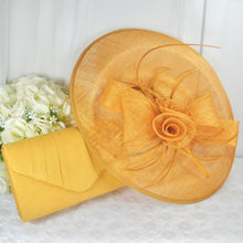 Load image into Gallery viewer, Mustard Yellow Large Fascinator Hat &amp; Vegan Suede Clutch Bag Set
