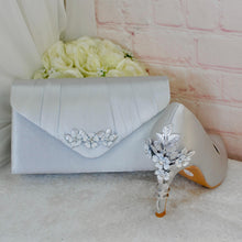 Load image into Gallery viewer, Silver Grey Satin Bridal Shoe Set: Handmade Heels, Clutch &amp; Fascinator
