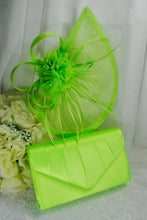 Load image into Gallery viewer, Handmade Lime Green Fascinator Hat and Satin Clutch Bag Set
