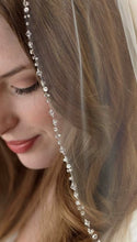 Load image into Gallery viewer, A close-up of a woman's face wearing a delicate, sparkling veil.

