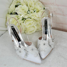 Load image into Gallery viewer, Bridal White Sling Back Heels: Handmade Satin Shoes with 3D Floral
