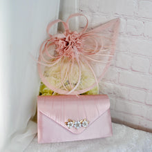Load image into Gallery viewer, Blush Pink Satin Bridal Set: Handmade Heels, Clutch &amp; Fascinator
