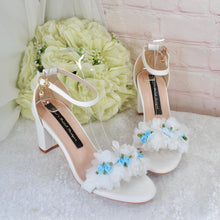 Load image into Gallery viewer, Block Heel Bridal White Sandals with Something Blue Floral Rose Details • UK5/US7.5
