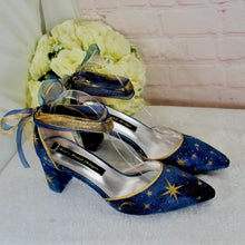 Load image into Gallery viewer, Blue Celestial Wedding Shoes – Galaxy Block Heels with Ankle Ribbons
