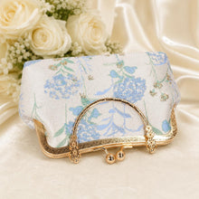 Load image into Gallery viewer, Floral Bridal Clutch: Luxury Blue Hydrangea Embroidered Bag, Detachable Chain
