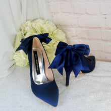 Load image into Gallery viewer, Navy Satin Heels - Handmade Bridal Stiletto Shoes with Sparkling Bow Detail UK4/US6.5

