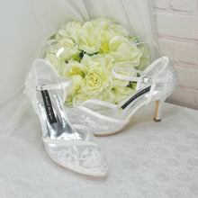 Load image into Gallery viewer, Bridal White D&#39;orsay Lace Embroidered Kitten Heel Wedding Shoes UK5 / US7.5
