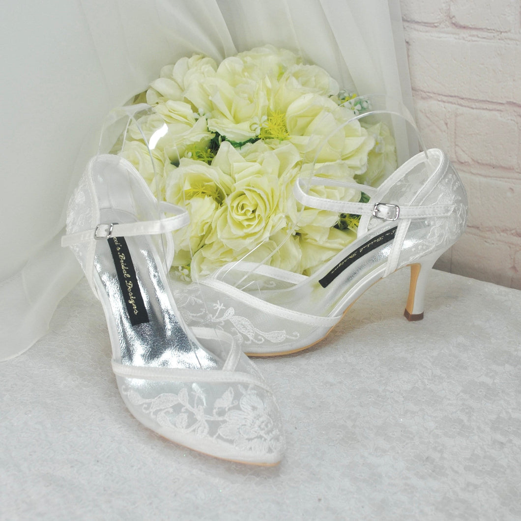 Bridal White D'orsay Lace Embroidered Kitten Heel Wedding Shoes UK5 / US7.5