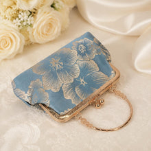 Load image into Gallery viewer, Blue and Gold Floral Bridal Clutch: Shimmering Embroidered Bag, Detachable Chain
