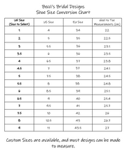 Load image into Gallery viewer, a table with measurements for a shoe size chart
