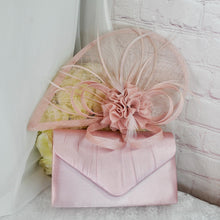 Load image into Gallery viewer, Handmade Pink Satin Bridal Set: Heels, Clutch Bag &amp; Fascinator
