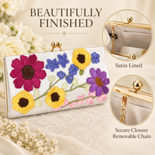 Load image into Gallery viewer, Colourful Floral Embroidered Bridal Clutch Bag – Ivory Satin Wedding Purse with Chain
