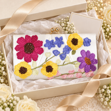 Load image into Gallery viewer, Colourful Floral Embroidered Bridal Clutch Bag – Ivory Satin Wedding Purse with Chain
