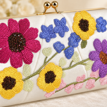 Load image into Gallery viewer, Colourful Floral Embroidered Bridal Clutch Bag – Ivory Satin Wedding Purse with Chain
