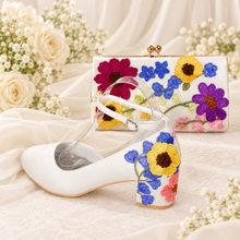 Load image into Gallery viewer, Colourful Floral Embroidered Bridal Clutch Bag – Ivory Satin Wedding Purse with Chain
