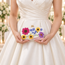 Load image into Gallery viewer, Colourful Floral Embroidered Bridal Clutch Bag – Ivory Satin Wedding Purse with Chain
