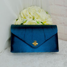 Load image into Gallery viewer, Elegant Navy Satin Clutch: Gold Bee Embellished Wedding Purse
