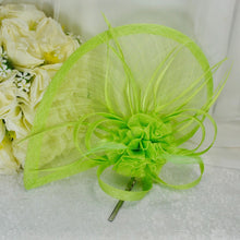 Load image into Gallery viewer, Handmade Lime Green Fascinator Hat and Satin Clutch Bag Set
