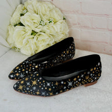 Load image into Gallery viewer, Black Celestial Bridal Flats – Hand-Painted Pointed Wedding Shoes
