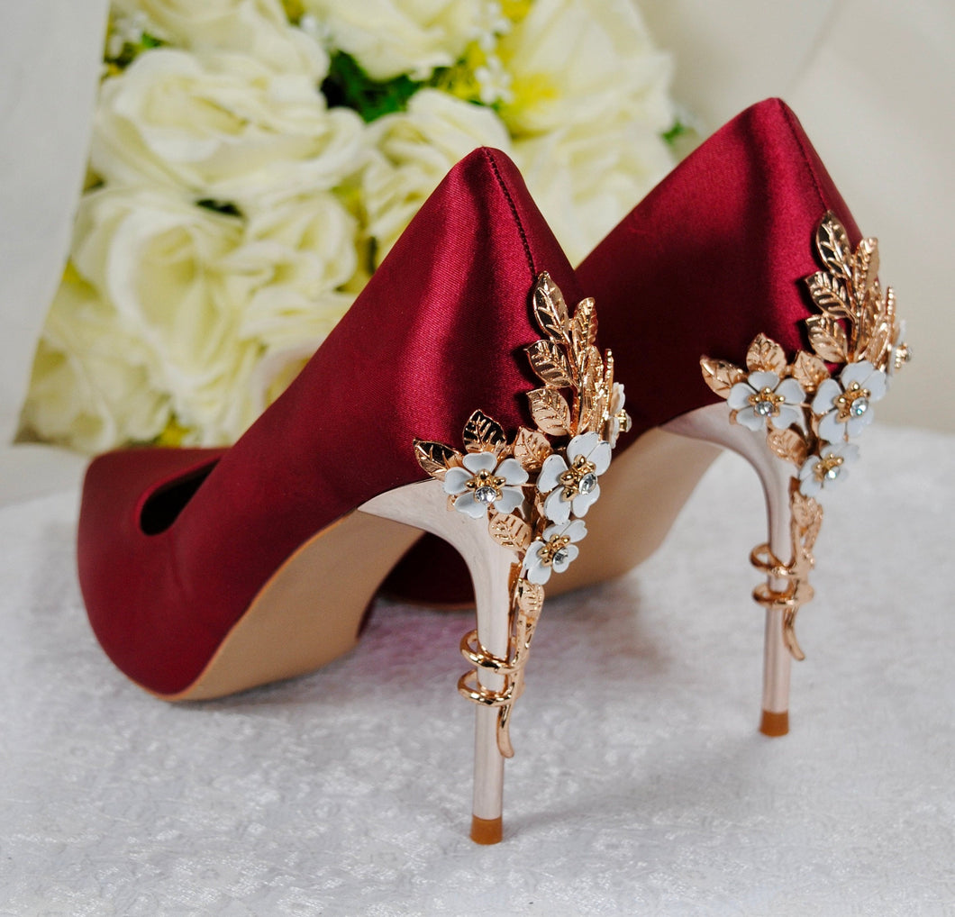 Burgundy Satin Bridal Shoes | Custom Made Comfortable Wedding Heels with Cherry Blossom Detail • UK5 / US7.5