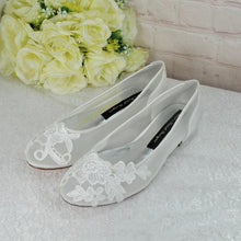 Load image into Gallery viewer, Ivory Satin Bridal Sandals - Flat Wedding Shoes With Floral Embroidery &amp; Lace • UK4/US6.5

