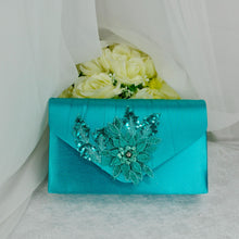 Load image into Gallery viewer, Teal Satin Bridal Set: Handmade Clutch, Fascinator, and Stiletto Shoes
