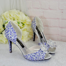 Load image into Gallery viewer, Lilac Crystal Bridal Shoes with Flower Detail | Custom Colour Peep Toe Heels
