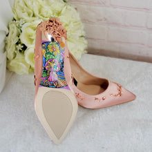 Load image into Gallery viewer, Blush Pink Satin Bridal Shoes with Rose Gold Filigree Vines
