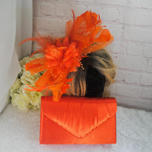 Load image into Gallery viewer, Orange Fascinator and Clutch Bag Set: Handmade Satin Wedding Outfit
