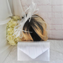 Load image into Gallery viewer, White Satin Fascinator and Clutch Bag Set: Handmade Wedding Outfit
