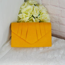 Load image into Gallery viewer, Mustard Yellow Large Fascinator Hat &amp; Vegan Suede Clutch Bag Set
