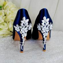 Load image into Gallery viewer, Navy Satin Heels: Silver Floral Cherry Blossom Embellishment
