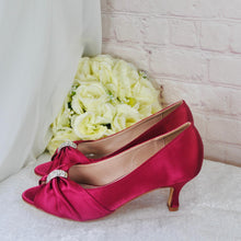 Load image into Gallery viewer, Burgendy Satin Peep Toe Kitten Heel Pumps: Bridal Shoes UK7
