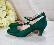 Load image into Gallery viewer, Emerald Green Satin Bridal Shoes: Handmade Block Heel Mary Janes UK5/US7.5
